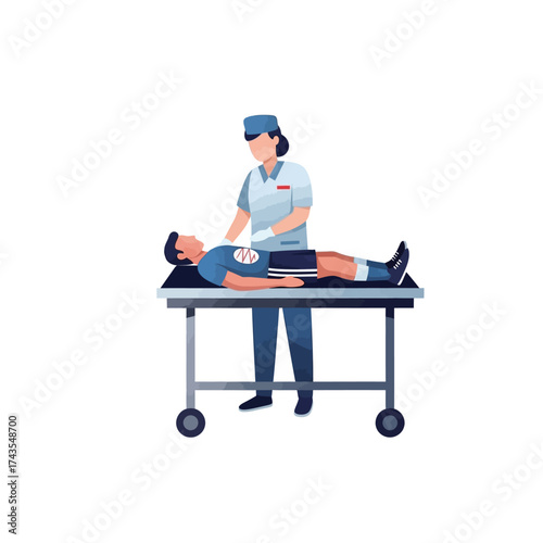 A female nurse provides medical assistance to a male patient lying on a hospital stretcher.