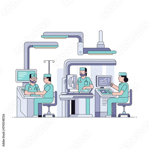 Medical professionals in scrubs working with advanced equipment in a modern operating room or laboratory setting, performing medical procedures.