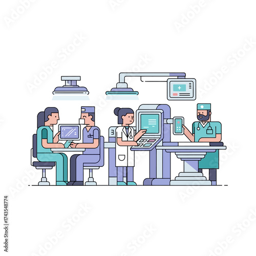 Medical team of doctors and nurses working in a modern operating room with advanced technological equipment.