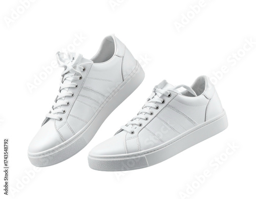 Pair of new white leather sneakers with untied shoelaces floating in the air. Isolated on transparent background, png