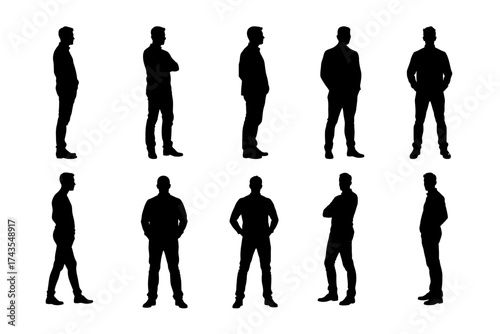 Vector silhouettes of standing men in various poses, symbol of confidence and strength