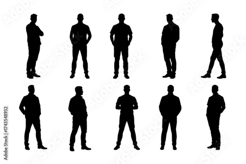 Vector silhouettes of standing men in various poses, symbol of confidence and strength