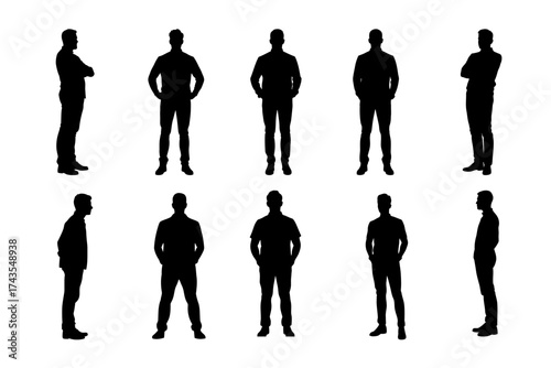 Vector silhouettes of standing men in various poses, symbol of confidence and strength