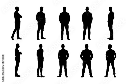 Vector silhouettes of standing men in various poses, symbol of confidence and strength