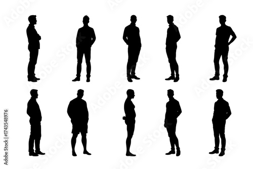Vector silhouettes of standing men in various poses, symbol of confidence and strength