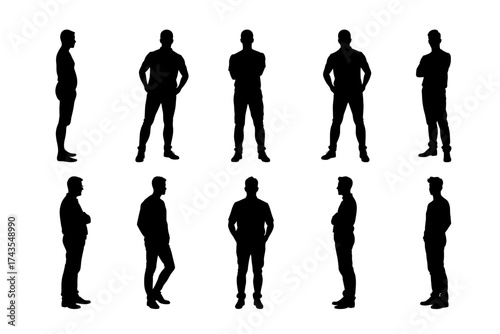 Vector silhouettes of standing men in various poses, symbol of confidence and strength