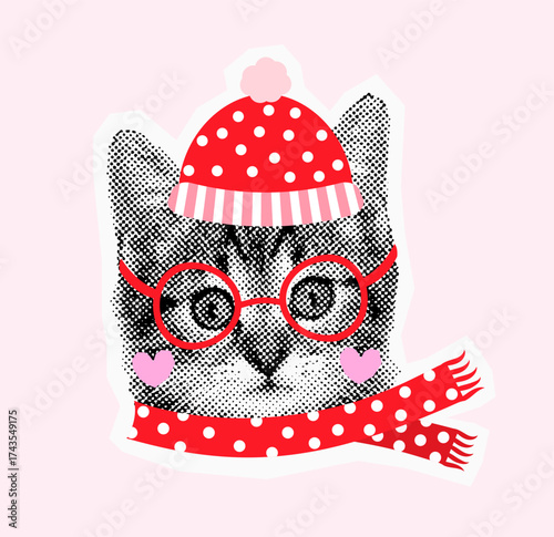 Funny vector Christmas cat face with a hat and a scarf, fun holiday collage for greeting cards and package design