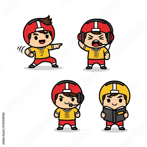 A collection of four cute cartoon sports characters in red and yellow uniforms, representing players and coaches in various poses.