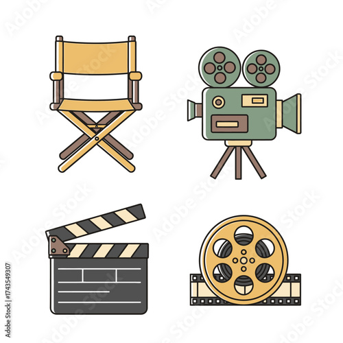 A collection of four flat design icons representing filmmaking and cinema production.