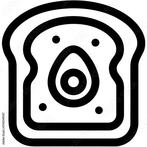 Avocado Toast Line Icon, Minimalist line icon of an avocado toast slice, perfect for healthy food, breakfast, vegan diet, and restaurant menu design. Simple black outline style for web and app use.