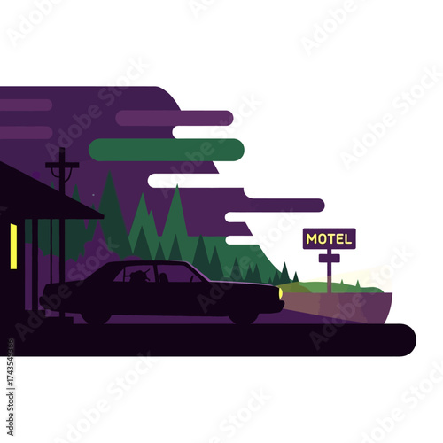 Stylized illustration of a car arriving at a motel at night, with a dark, moody color palette.
