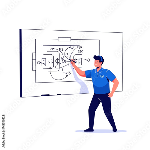 Coach drawing sports strategy on a whiteboard, explaining game tactics and team plays.
