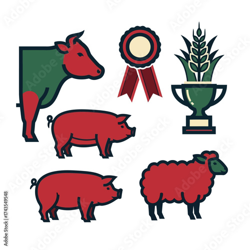 A collection of vector icons representing farm animals and agricultural awards, including a cow, pigs, sheep, a trophy, and a prize ribbon.