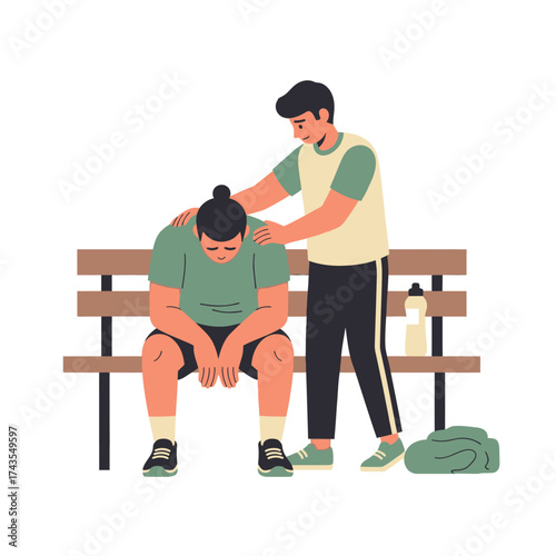 A supportive friend consoles a dejected person sitting on a park bench after a workout.
