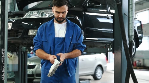 Vehicle is hanging up high. Male mechanic is working in the modern car workshop