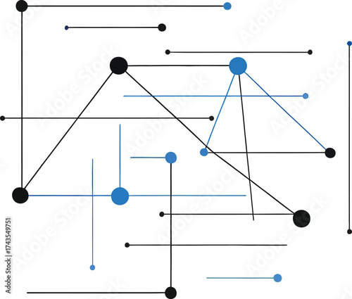 Abstract geometric network of interconnected lines and nodes with blue and black circles on white background