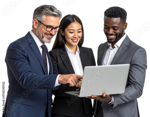 - Team of Diverse Business Professionals Discussing Project Around Laptop, Collaborative Meeting Pose, isolated on transparent background
