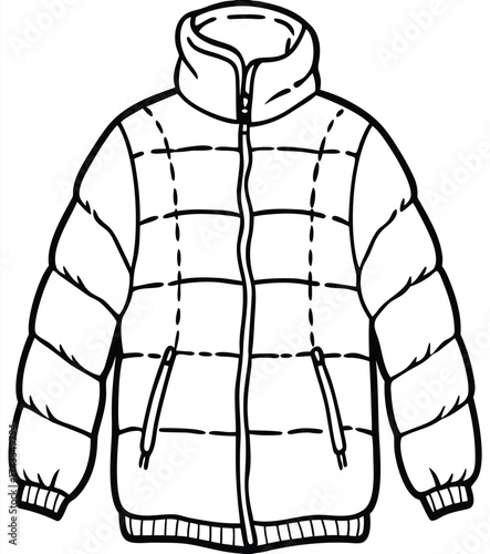 Padded Winter Coat Illustration Cozy Warmth and Style in Black and White Outline