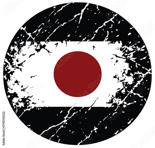 A grunge vector design of the yin yang symbol with a Japanese floral pattern in ink and paint splatters on a black circle