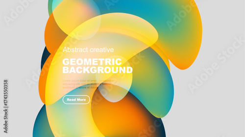 Abstract colorful shapes overlap, creating dynamic geometric background. Text promotes further exploration. Modern design elements present.