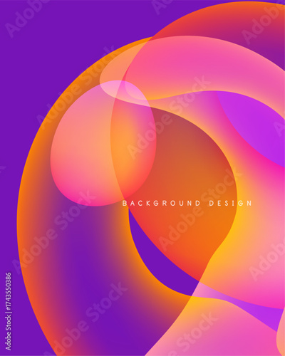 Abstract vibrant layers create flowing shapes. Warm colors blend into cool purple hues. Modern design element.