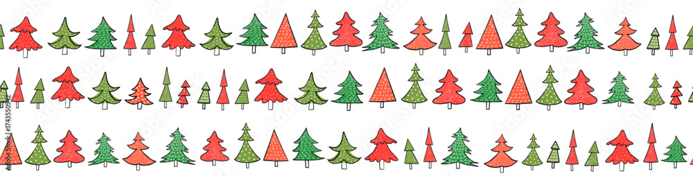 Obraz premium Red and Green Christmas Trees Seamless Vector Border, Cute Winter Tree Background, Minimal Holiday Pattern