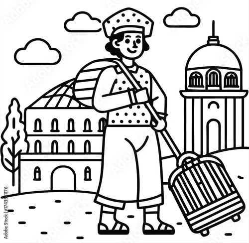 Abstract illustration of a flag featuring a central circular design with a dark red center and black and white brush strokes, capturing movement