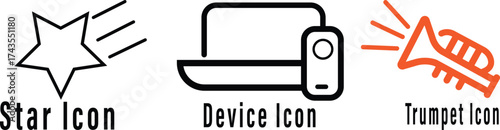 Collection of three simple line art icons for star device and trumpet