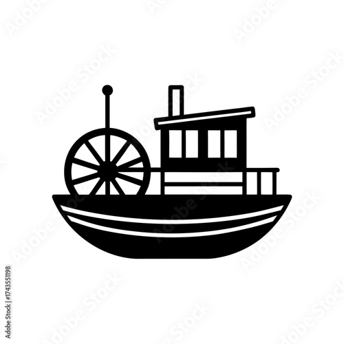 Silhouette of a steamboat with paddlewheel on transparent background
