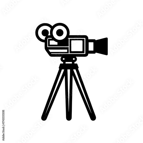 Old fashioned movie camera on a tripod icon on transparent background silhouette