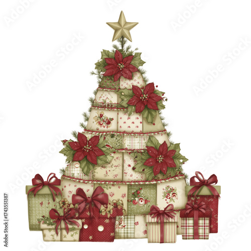 Clip art watercolor Festive patchwork Christmas tree with colorful gift boxes underneath. Quilted holiday decor illustration with star topper.Transparent Background