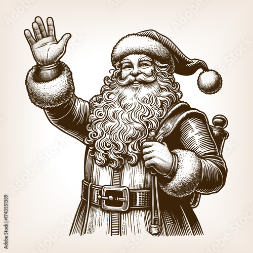Santa Claus with a long beard and sack, waving cheerfully, Christmas joy and holiday tradition sketch engraving generative ai fictional character vector illustration. Scratch board. Black and white.