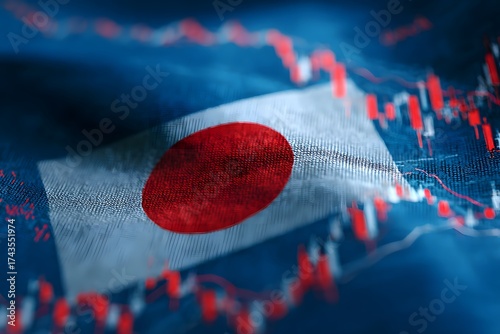 Japanese flag overlayed on a stock market trading chart displaying financial trends and economic data