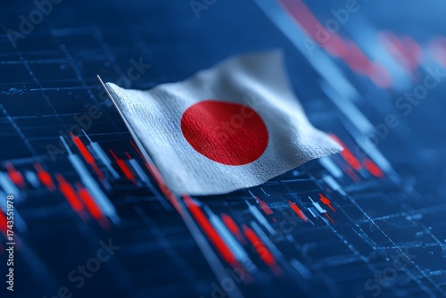 Japanese flag waving over stock market chart showing financial trends and economic performance data