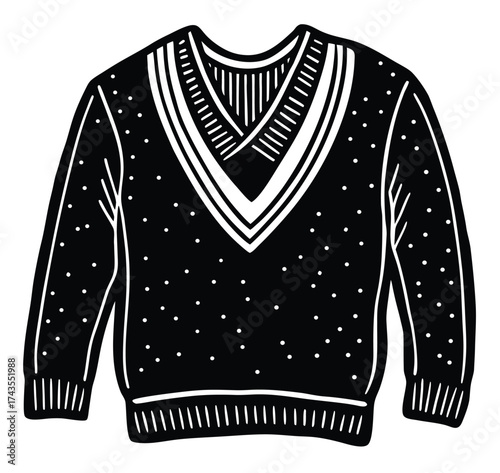 Classic black and white hand-drawn illustration of a cozy V-neck sweater, perfect for autumn fashion, vintage apparel designs, and comfortable winter clothing concepts with a stylish speckled pattern