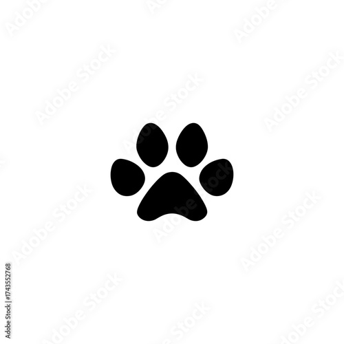 A solid black paw print with five oval toe pads on a stark white background