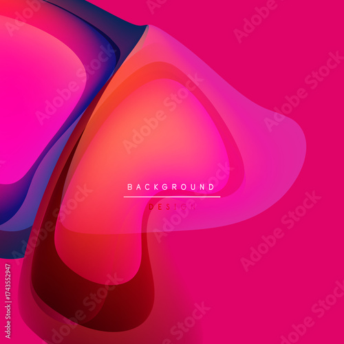 Abstract fluid shapes overlap, creating vibrant gradients. Pink, purple, orange hues dominate design. Modern, dynamic composition.