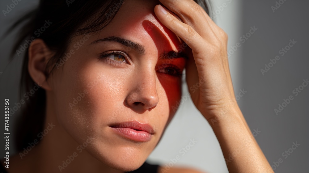 Fototapeta premium Woman touching forehead with headache in sunlight, close-up portrait