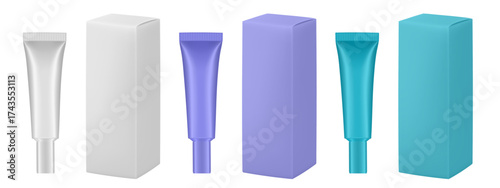 Set of white, purple and blue plastic tubes and boxes. Realistic mockup. Ointment or salve. Gel serum. Korean packaging. Blank cardboard package
