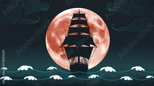 Silhouette of a tall ship sailing across a giant full moon at night