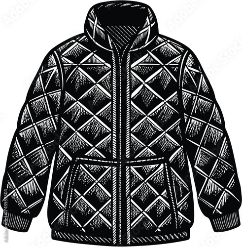 Detailed illustration of a classic quilted jacket with intricate stitching, perfect for a cold winter day. Ideal for fashion designs