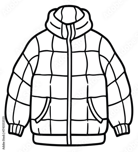 Simple black and white line art of a hooded puffer jacket. Vector illustration of warm winter outerwear, a quilted down coat with long sleeves, suitable for a coloring book page or clothing icon