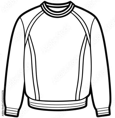Black and white outline of a long sleeve sweatshirt for comfortable casual wear. Vector illustration of an insulated cotton pullover, isolated design element for apparel templates and fashion sketches