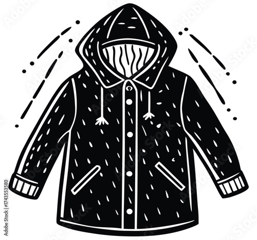Illustration of a black raincoat with a hood, buttons, and insulation, designed to provide waterproof protection during rainy weather and keep the wearer warm and dry