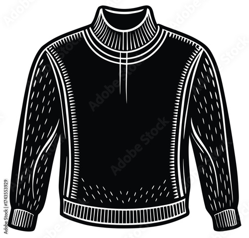 Vintage style black and white vector illustration of a men's slim-fit pullover sweater with a high collar and quarter-zip. Classic casual winter knitwear garment isolated on a white background