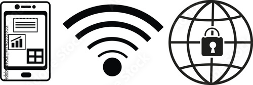 Smartphone with graphs, Wi- Fi symbol, and globe with padlock icons mobile technology
