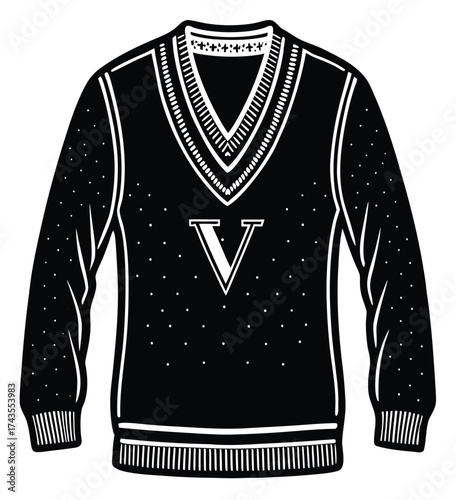 Monochrome vector illustration of a classic V-neck varsity sweater with a letter V, representing school uniform and academic collegiate style