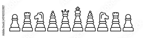 Chess pieces set line icon. Outline icons of classic strategy game. Knight, queen, bishop, rook, knight, pawn chess figures. Board games. Business planning and strategy concepts. Vector illustration. 