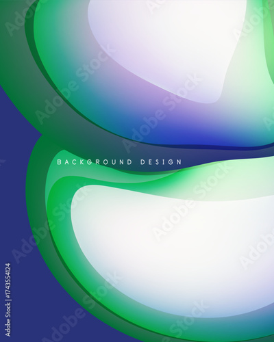 Abstract fluid shapes, vibrant colors blend. Gradient transitions create dynamic visual effect. Modern design, smooth curves dominate composition.