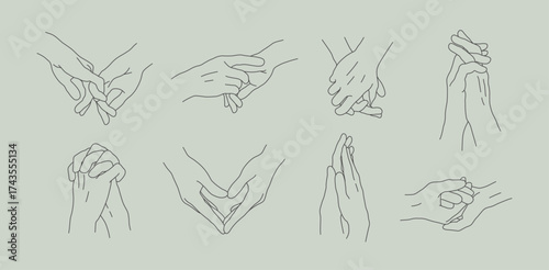 Linear set of two lovers hands together. Silhouettes of human hands of couple touching and holding each other. Outline concept of relationship, love, feelings, intimate moment, Valentine's day